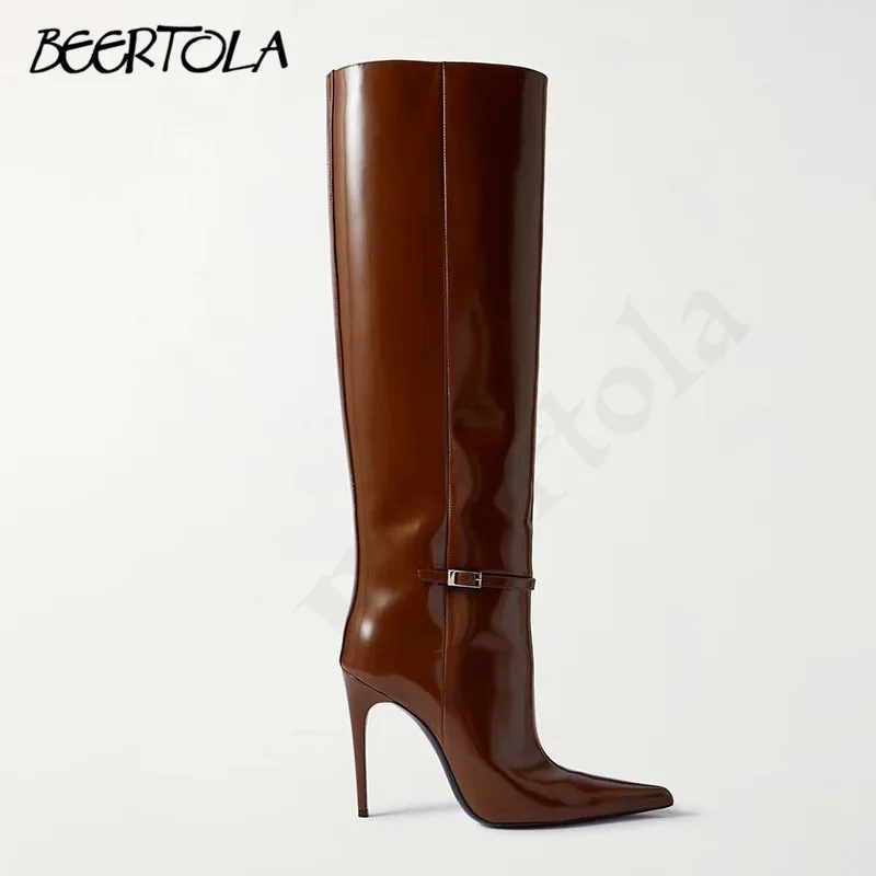 Women\'s Patent Leather Stiletto Boots Pointed Toe Sexy But Not Knee-High Boots Versatile Fashionable Elegant Long Boots