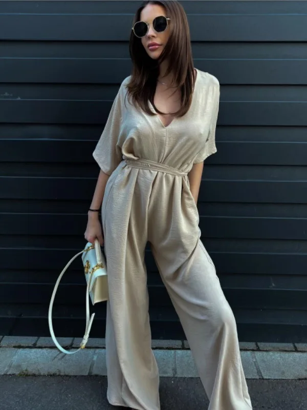 

Pure Color Belted Waist Jumpsuit Women's One-Piece Suit High Waist Long Pants Street Sle Comfortable Fit Summer Collection