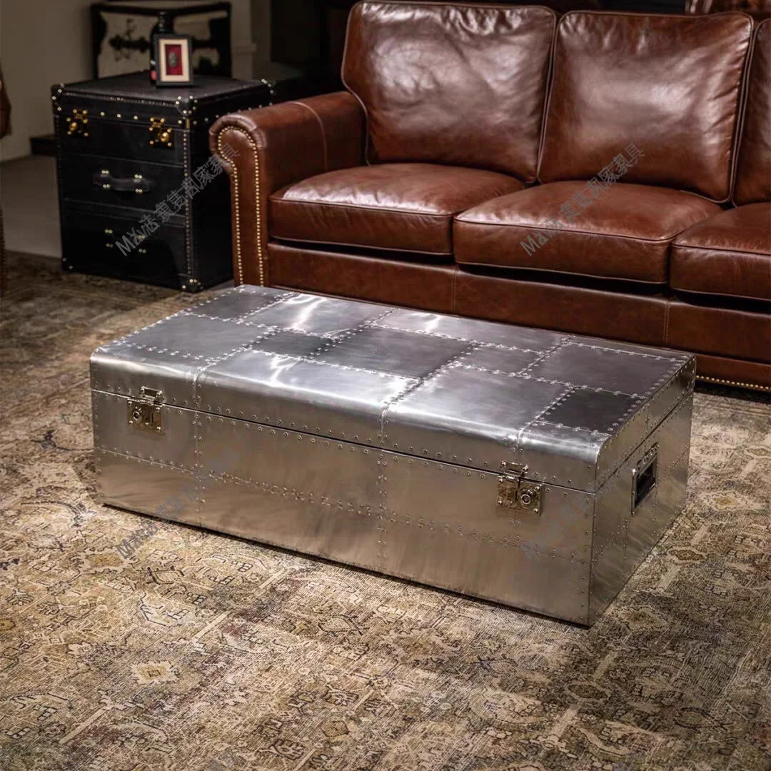 

Classic industrial style aluminum coffee table, retro cigar bar box cabinet, medieval whiskey room storage side table cabinet