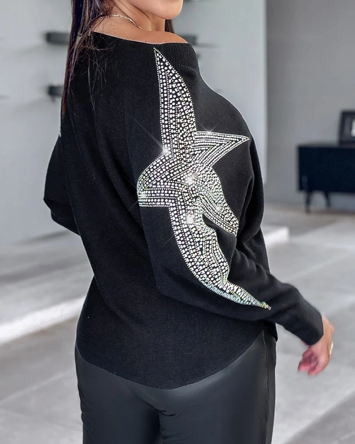 Casual Women Sweatshirt Fashion O-Neck Solid Color Star Pattern Batwing Sleeve Rhinestone Patchwork Loose Knit Sweater Pullover