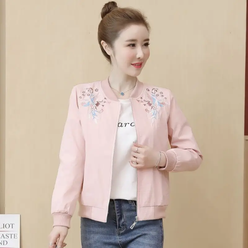2025 New Arrival Women's Casual Embroidered Short Korean Style Slim Bomber Coat Spring Autumn Fashion Outerwear