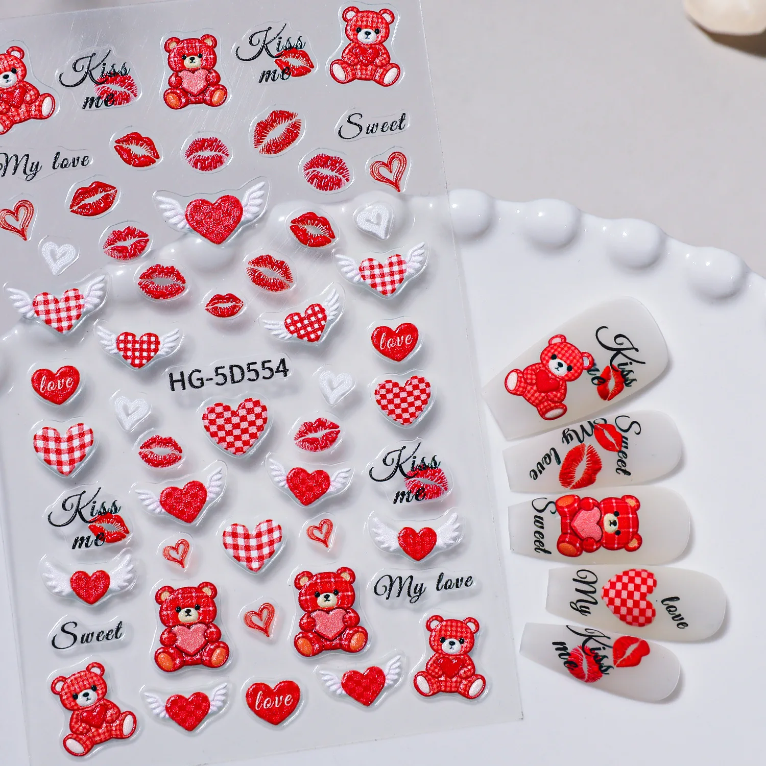 

Valentine's Day Nail Art Stickers Red Heart Love Design Passionate Lips 5D Embossed Self-Adhesive Manicure Supplies