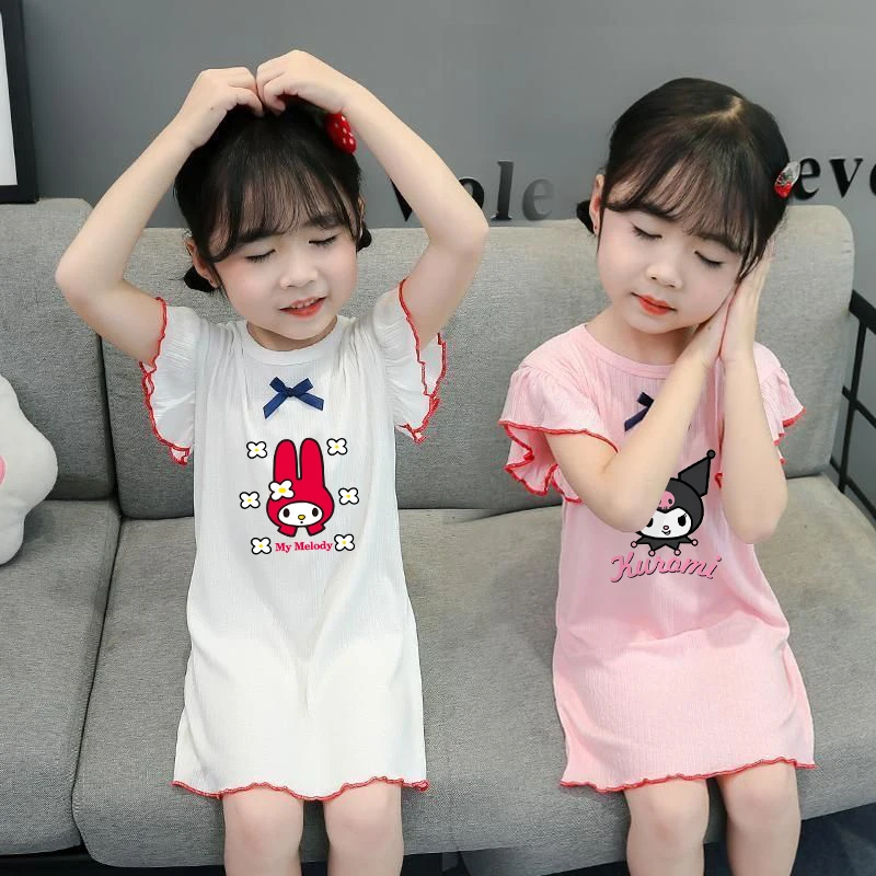 

Kawaii Sanrio My Melody Kuromi Girls Pajamas Summer Cartoon Fashion Children's Short Sleeve Nightgowns Children's Dresses Gift