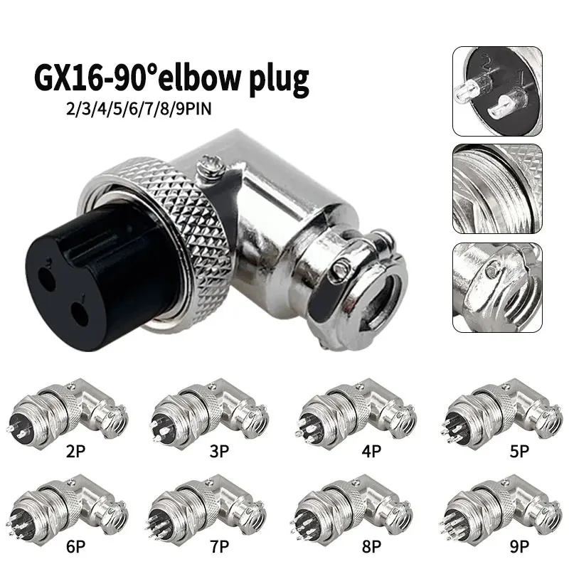 Aviation Plug Socket Elbow GX16-2PIN 3PIN 4PIN 5PIN 6PIN 7PIN 8PIN 9PIN Right-Angle Connector 90-Degree Right-Wing Connector