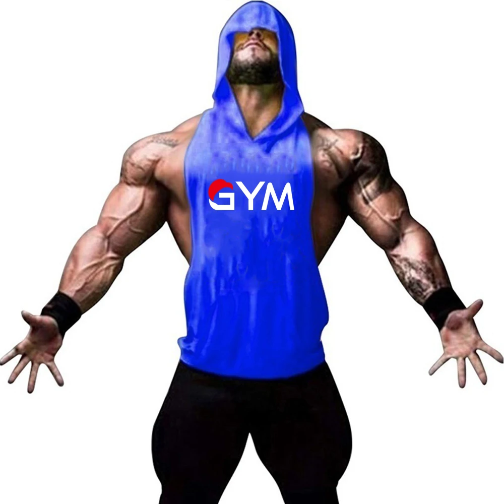 GYM Print Men Fitness Hooded Tanktop Gym Sleeveless Bodybuilding Tee Shirt Fashion Stringer Male Workout Hooded Vest Sportswear