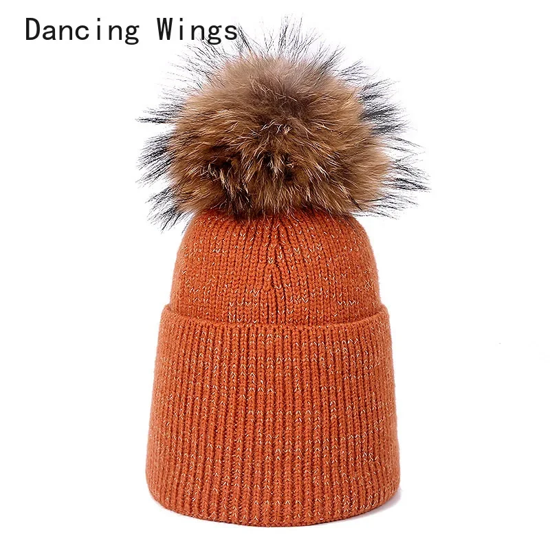 Autumn Winter Hat Fashion Women Beanies Raccoon Fur Pompom Hats Casual Warm Knitted Wool Cap For Female Girls