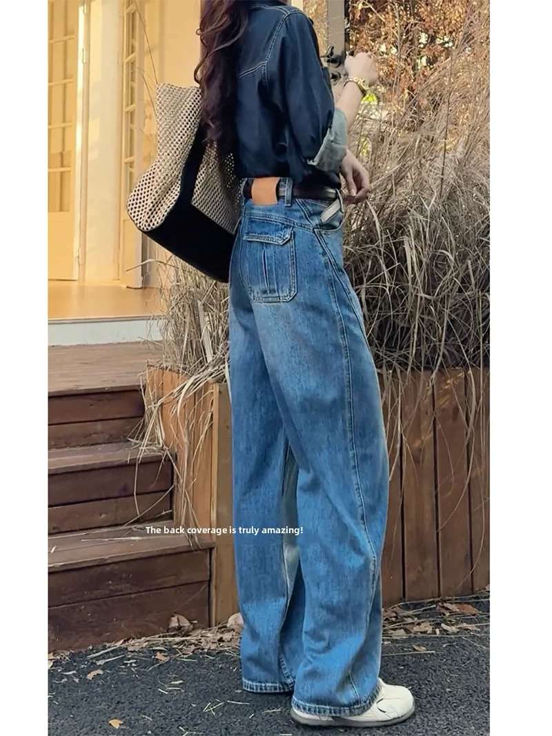 

Джинсы с высокой талией в американском стиле, женские, широкие, прямого кроя, с карманами, свободные, из денима, новинка весны