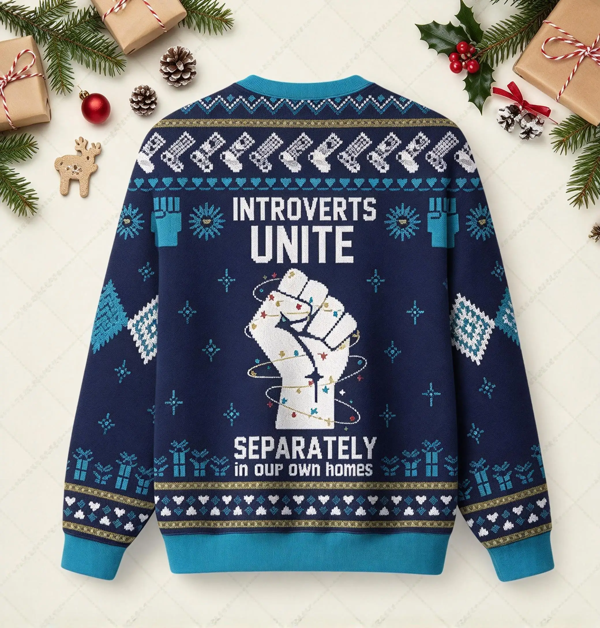 Men Crewneck Polyester Sweatshirt Introverts Unite Separately Funny Fist Graphic Xmas Pullover