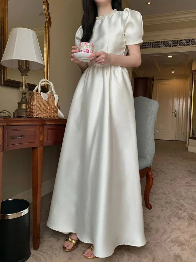 

2024 Summer New Arrival French-style Satin Round Neck Pearl Design Long Dress Party Wear birthday dress for women Vestidos
