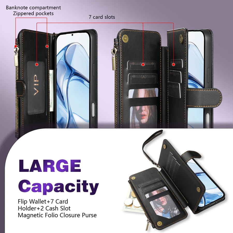 Brieftaschen-Hülle mit Mehrfach-Kartenfächern, Reißverschluss, Standfunktion und Magnetverschluss aus Leder für Samsung Galaxy S26 Ultra S25 FE S24 Plus S23 S22 S21 S20 – Detail 9