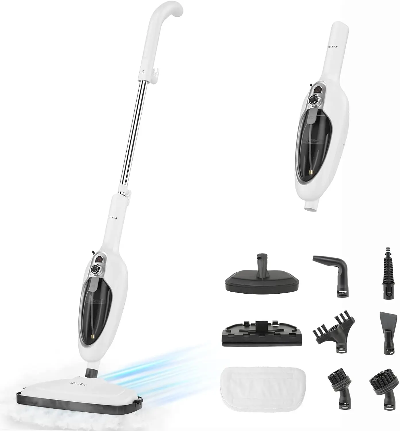 

10-in-1 Steam Cleaner with Detachable Handheld, White Multifunctional Floor Steamer and 3 Microfiber Pads