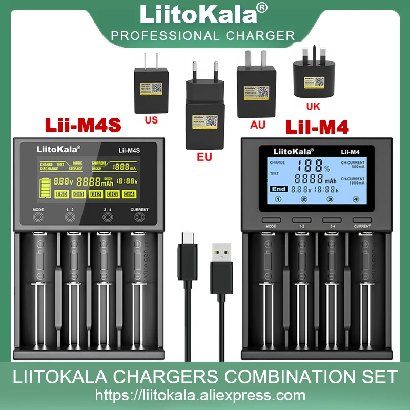 LiitoKala Lii-M4 Lii-M4S LCD Display 5V EU AU UK US Plug Battery Charger For 3.7V 18650 26650 21700 14500 18350 17500 1.2V AA LiitoKala Lii-M4 Lii-M4S LCD Display 5V EU AU UK US Plug Battery Charger For 3.7V 18650 26650 21700 14500 18350 17500 1.2V AA