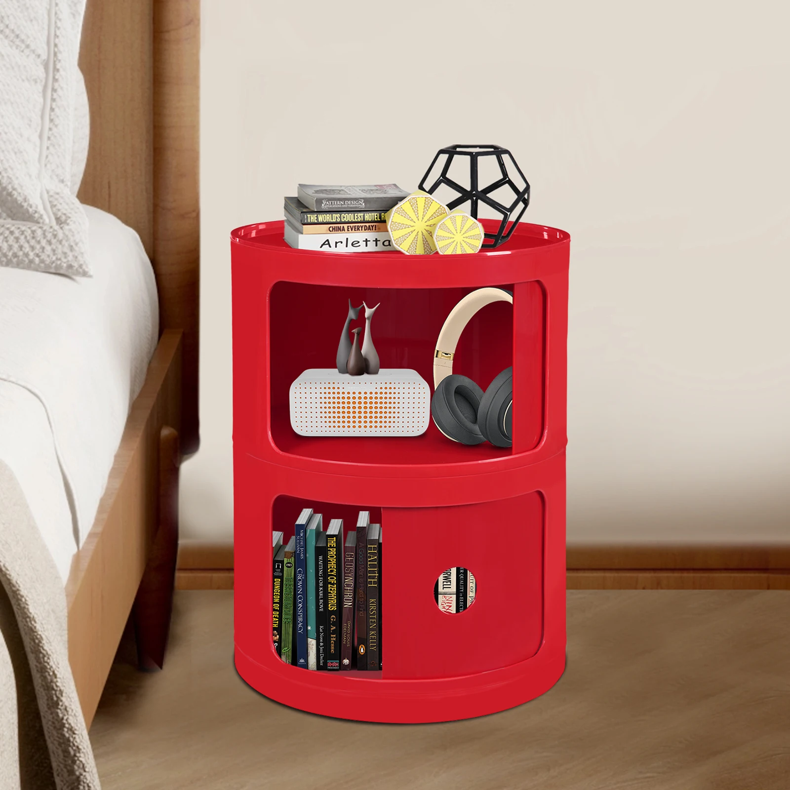 

Красный 2-уровневый круглый шкаф с дверцами, цилиндрический органайзер для хранения и торцевой столик для спальни, гостиной, детской комнаты