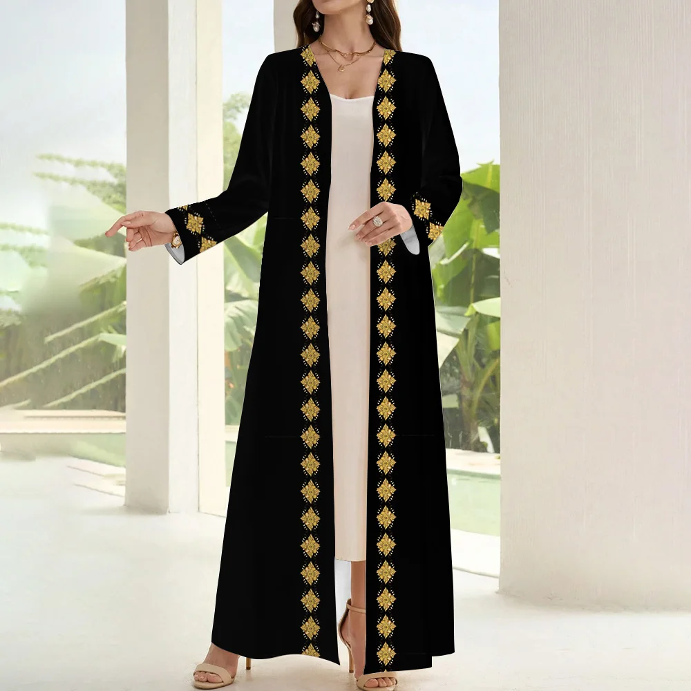 2024 New Muslim Clothing Women Abaya Floral Print Black Open Kimono Abaya Two Pieces Set Moroccan Turkish Casual Kaftan Dress