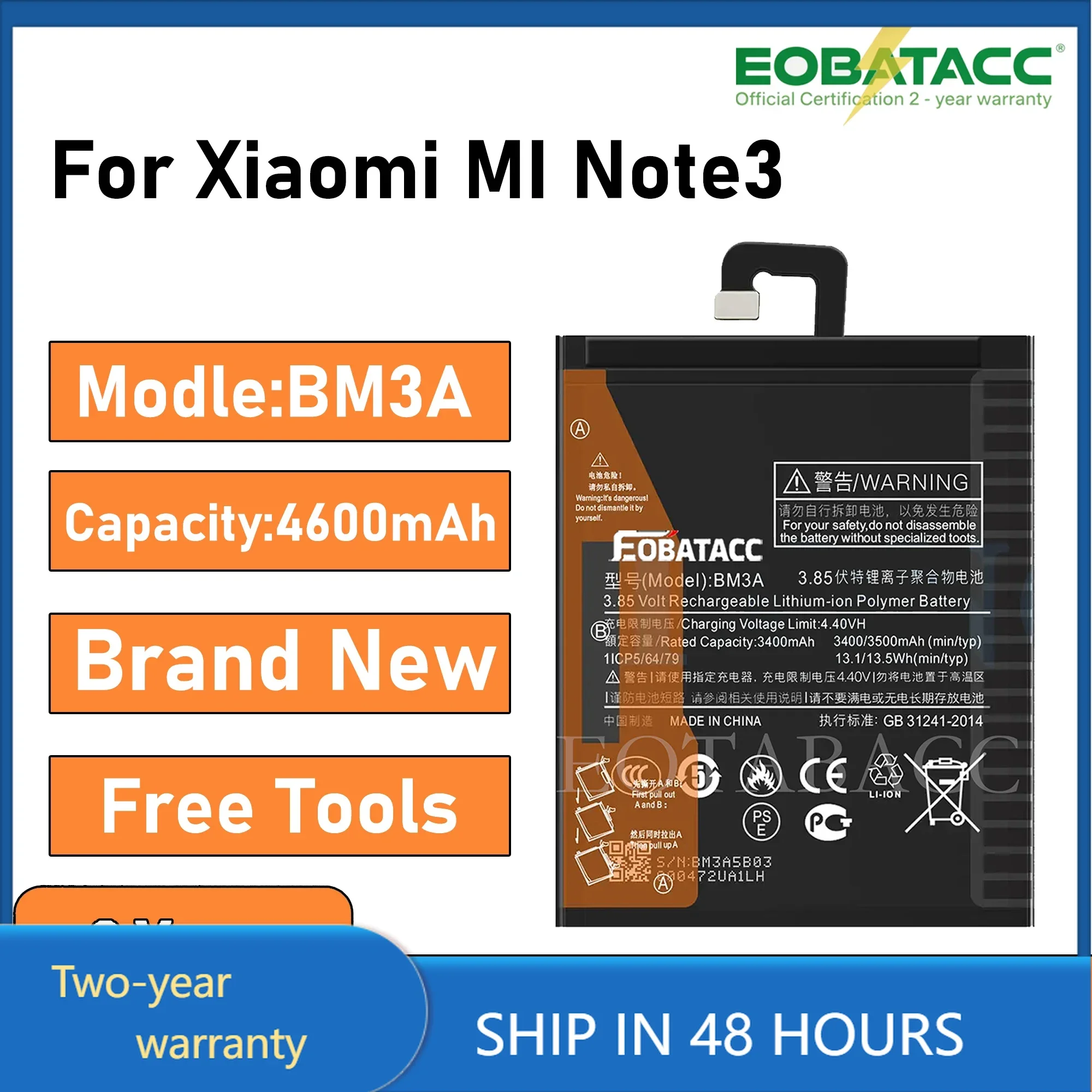 100% Original Xiao Mi Phone Battery BM3A For Xiaomi Note 3 Note3 Replacement 3400mAh Phone Batteries Bateria