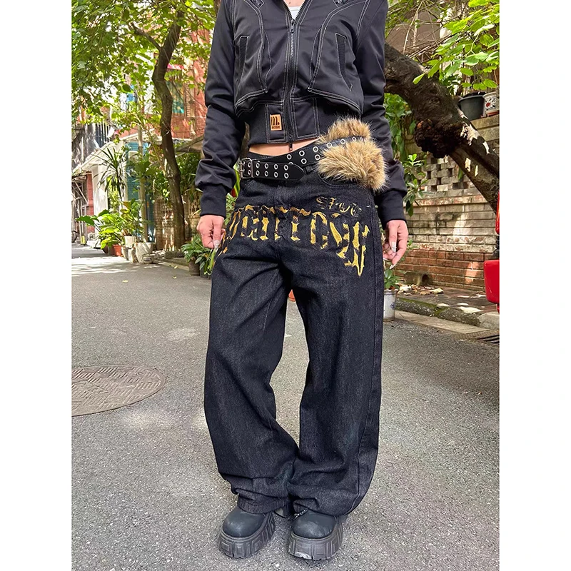 ZHIZOU Women Black Baggy Y2k Jeans Print Grunge Jean Pants Vintage Harajuku Oversize Washed Denim Trousers Alternative Clothes