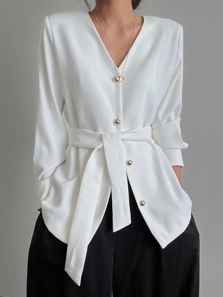 

Ele V-Ne Metal Single Button Waist-Cinching Long Sve Suit Jaet for Women Chic Autumn New Sle French Sle Loose Fit