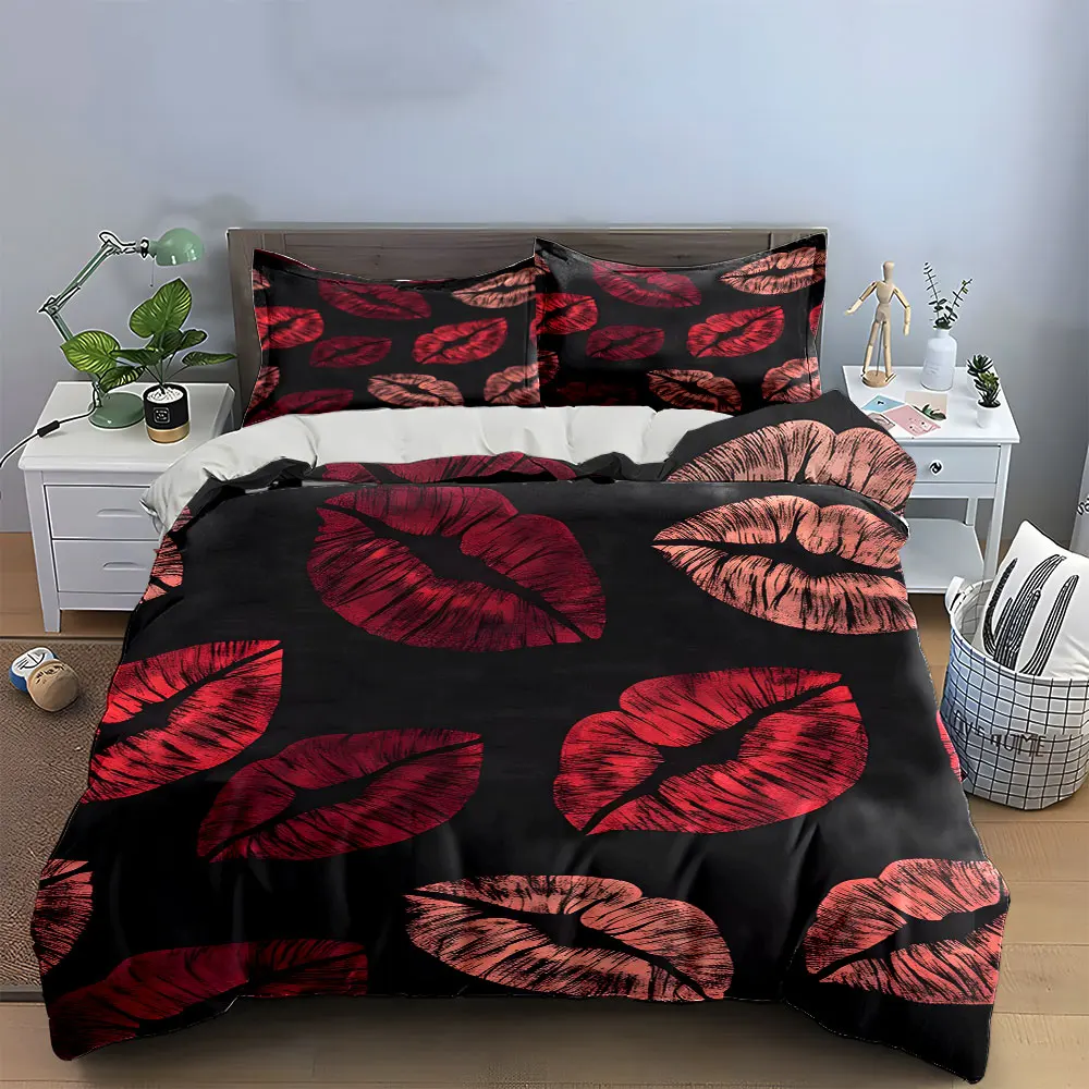 Lip Print Three-Piece Set Decor Multiple sizes kid's and adults' bedroom Exquisite 3PC bedding set, gift