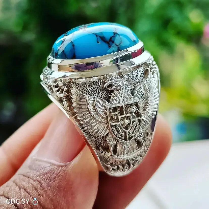 Huaya Vintage Men's Imitation Turquoise Ancient Silver Carving Ring Classic Traditional Personality Ring Jewelry Accessories
