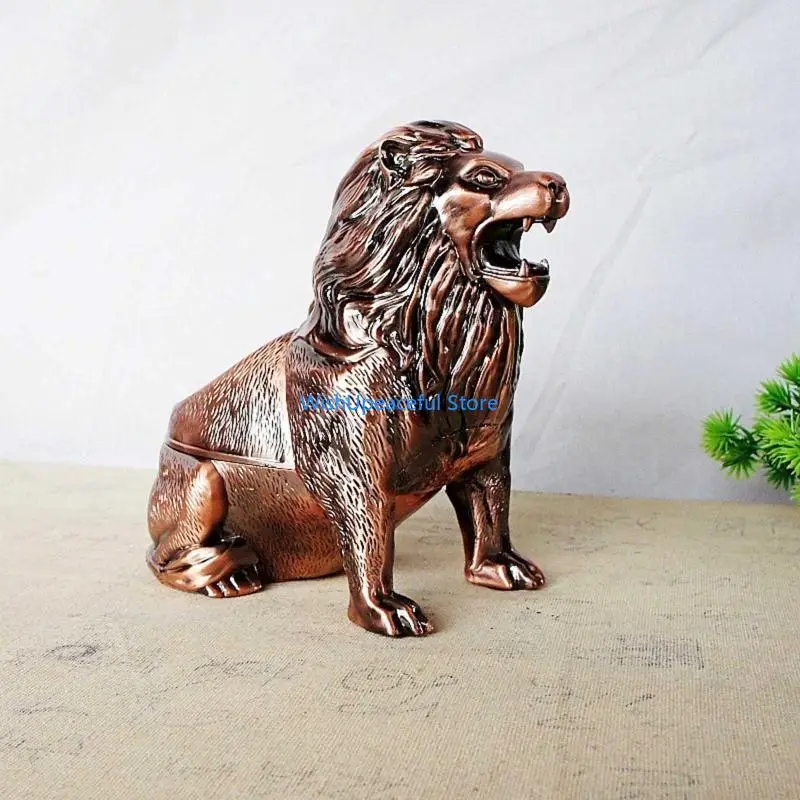 

34YA Vintage Lion Ashtray with Lid Tabletop Metal Ashtray Smell-proof Desk Holder