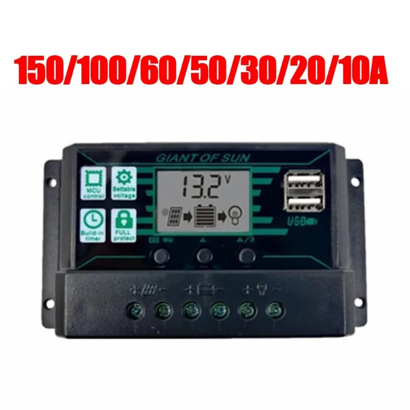 150A 100A 60A 50A 30A 20A 10A MPPT PWM Solar Charge Controller 12V 24V LCD Display 2 USB Port Solar Panel Battery Regulator