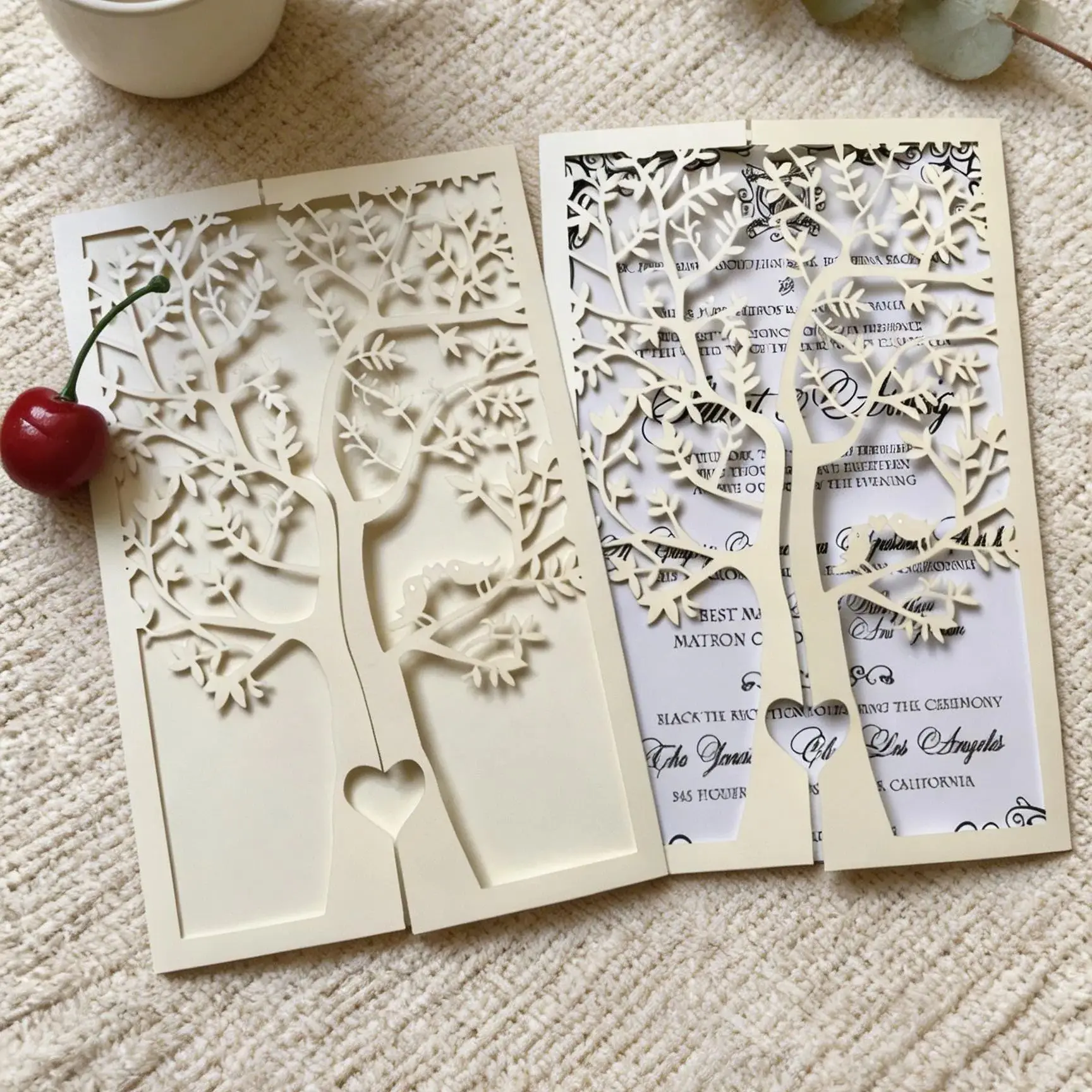 10pcs Pearl Cream Tree Laser Cut Wedding Invitations,Elegant Hollow Invitation Card for Marriage, Birthday,Business Event Decor