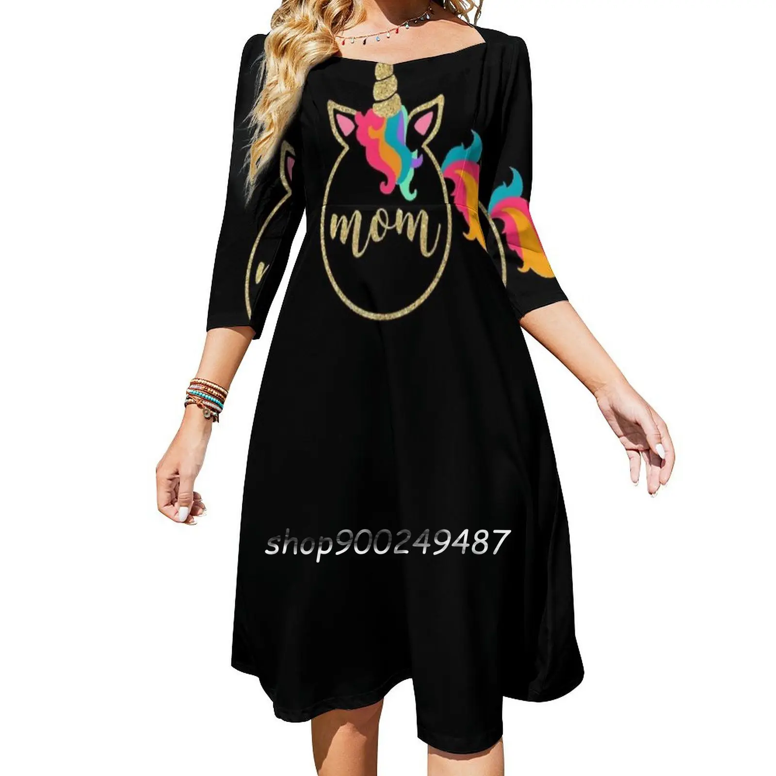 Funny Gold Unicorn Mom Tshirt Square Neck Dress New Plus Size Elegant Women Waist Tight Dress Aunt Mom Dad Girls Unicorn Horse