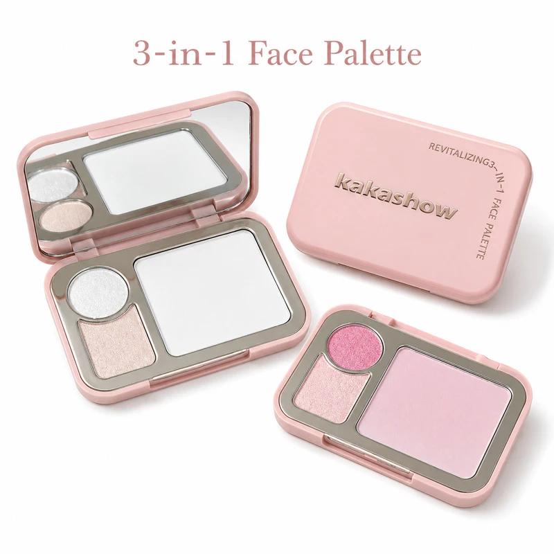 Korean 3-in-1 Face Palette Blush Highlighter Brightening Powder, Soft Pink Glow Makeup, Travel Mirror Compact