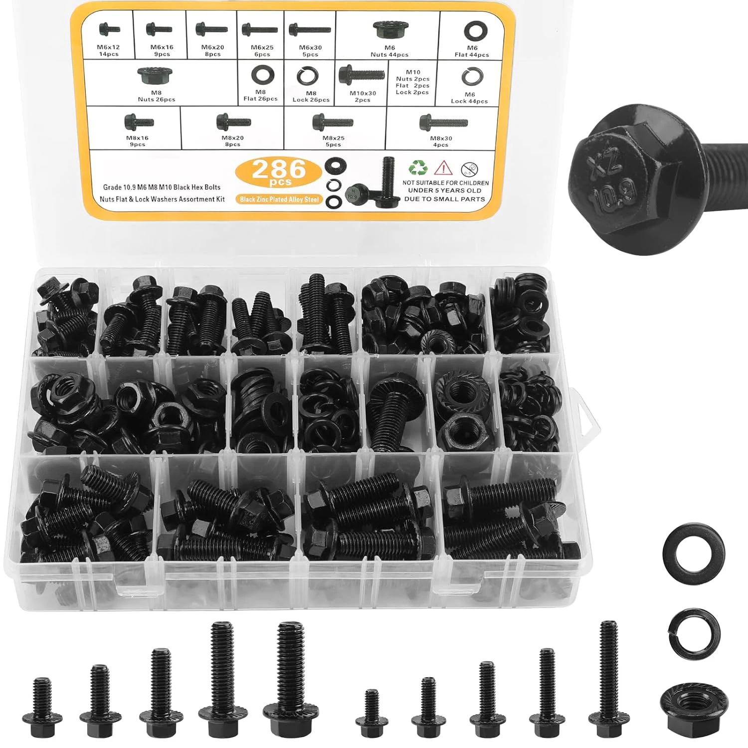 286-piece bolt and nut combination kit (black flange M6 M8 M10 hexagonal bolts)