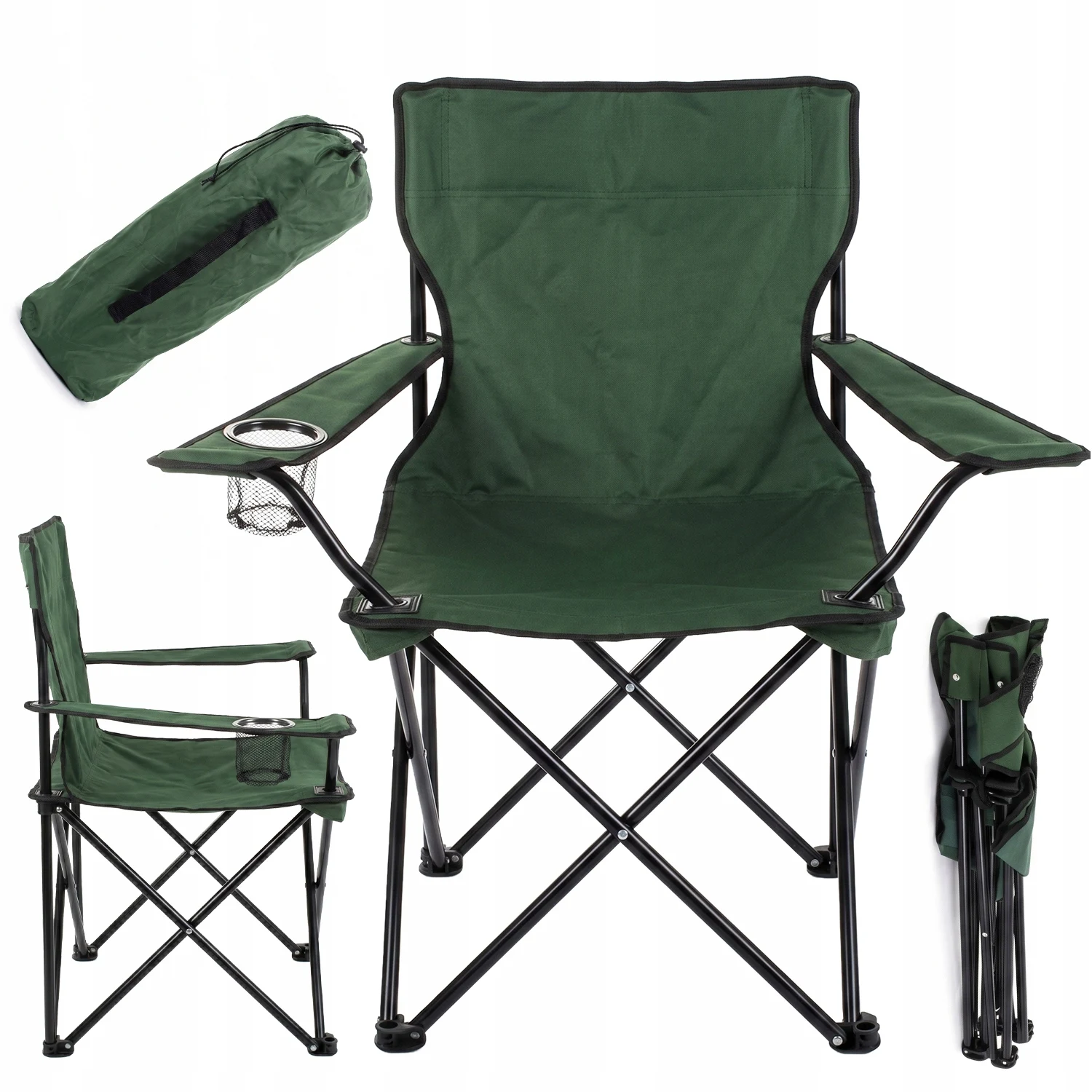 Image of Klappbarer Angelstuhl, Campingstuhl mit Tragetasche, Grün, Tragbarer Anglersitz mit Getränkehalter in der Armlehne, Robuster Metallrahmen, Faltbarer Outdoor-Strand-Garten-Picknickstuhl mit