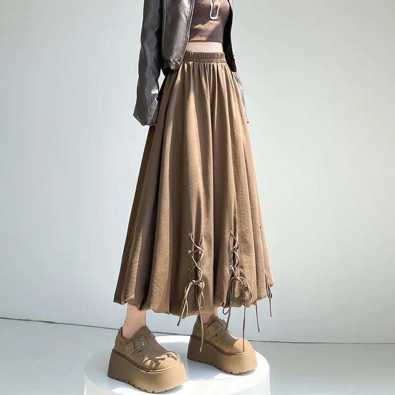 

Сплошные цветные женские юбки на шнуровке с подолом, универсальная юбка до щиколотки для повседневных поездок, осень 2021, шикарный дизайн, юбки трапециевидной формы