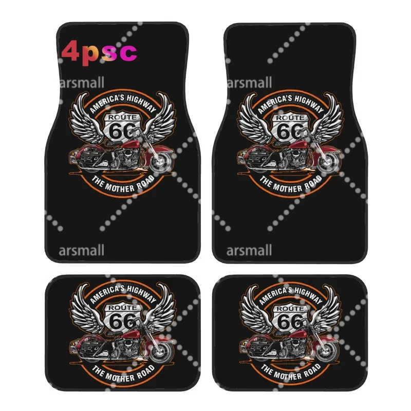 Crystal Velvet Car Floor Mats 4 Pcs Non-Slip Carpets Rugs Route 66 Motorcycle Tour  Universal Car Front Rear Carpets Foot Mats