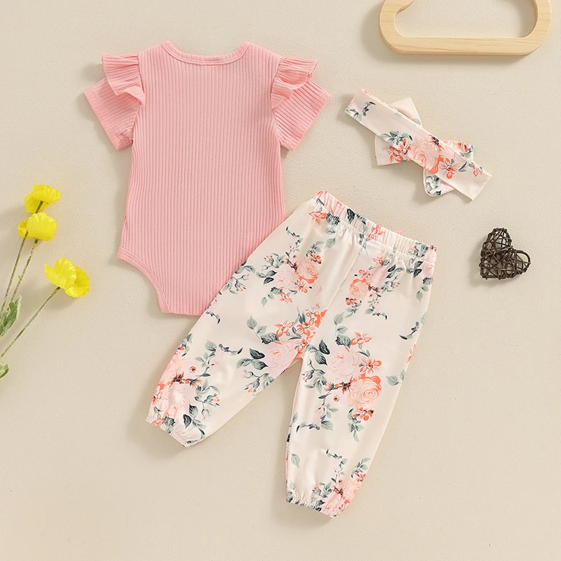 Baby Girls Summer Outfit Letter Print Short Sleeves Romper and Floral Pants Headband 3 Piece Set