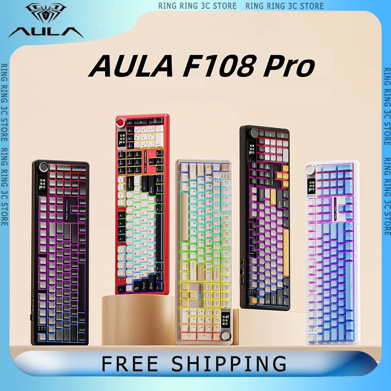 AULA F108 Pro Mechanical Keyboard Tri Mode Hot Swap RGB Gasket FR4 Gold-Plated Positioning Board Customized Gaming Keyboard