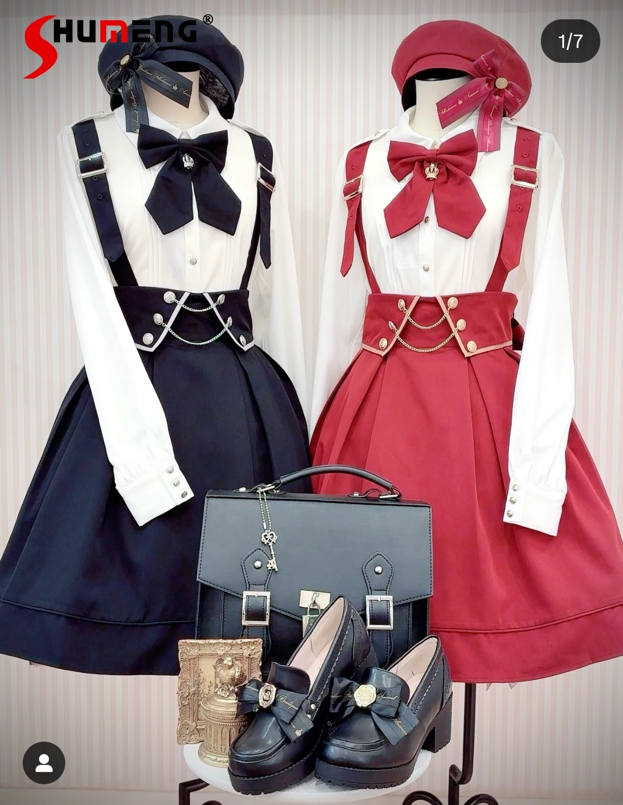 النمط الياباني أنيقة الحلو دمية طوق القوس طويلة الأكمام تنوعا قميص عالية الخصر ضئيلة ألف خط التنانير قطعتين مجموعة للنساء #1