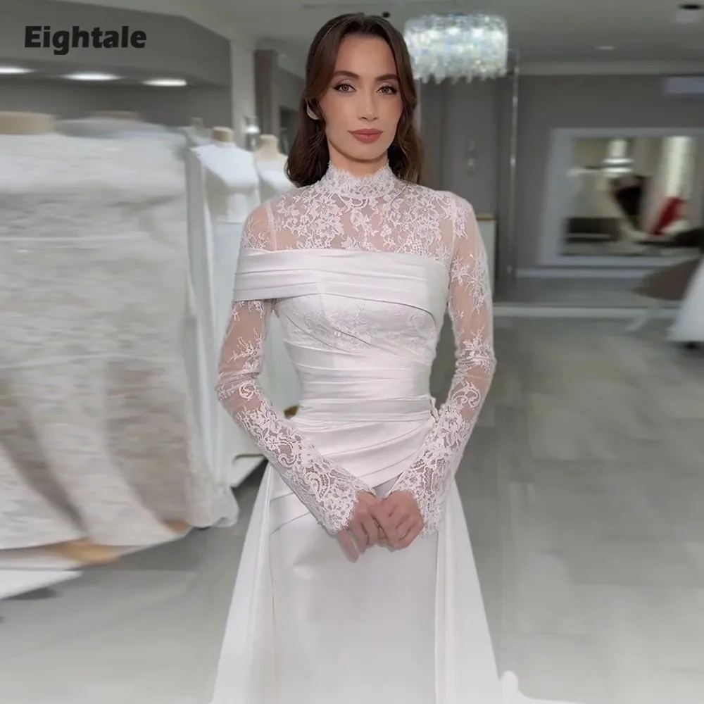 

Eightale арабское свадебное платье с высоким воротом, индивидуальное атласное мусульманское платье цвета слоновой кости с длинными рукавами, вечернее платье русалки для невесты