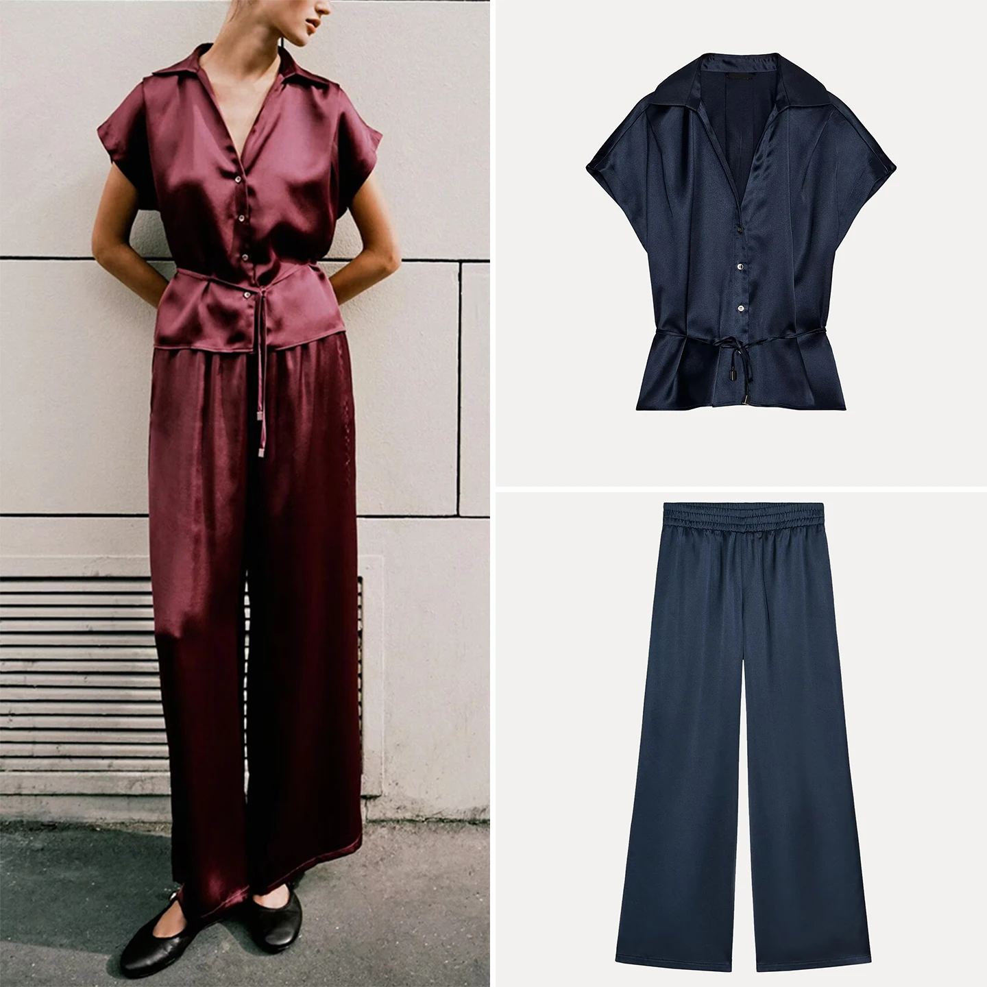 Z Женский шелковый атласный пояс с широкими штанинами Faion Set Casual Sle Four Seasons Длинные брюки ort Sve ...