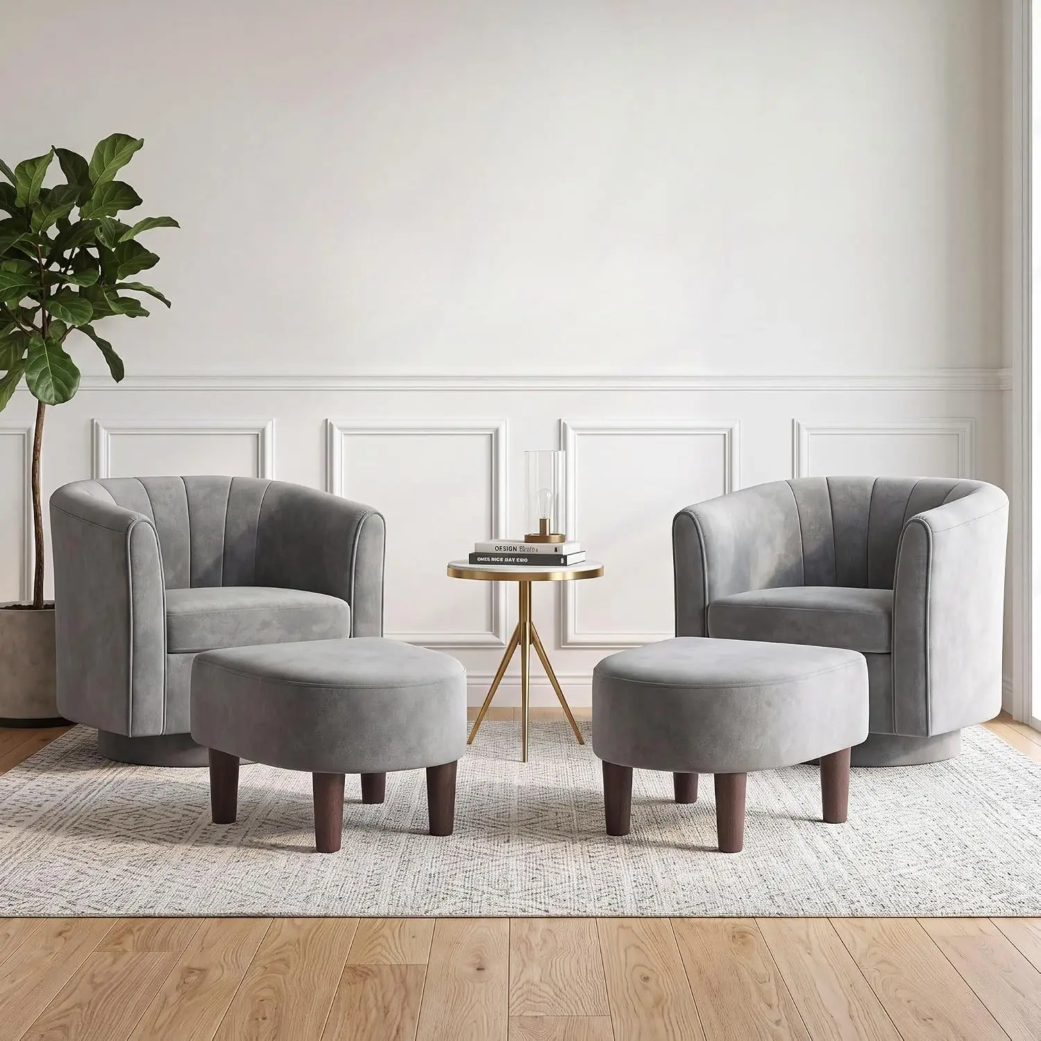 Velvet Swivel Accent Chair Ottoman Set, Upholstered Armchair Footrest for Living Room Bedroom, Standard Size Grey, Customized
