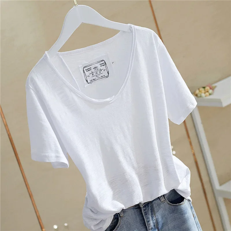 Camiseta de manga curta de algodão branco puro feminino, camisa de fundo versátil, blusa verão