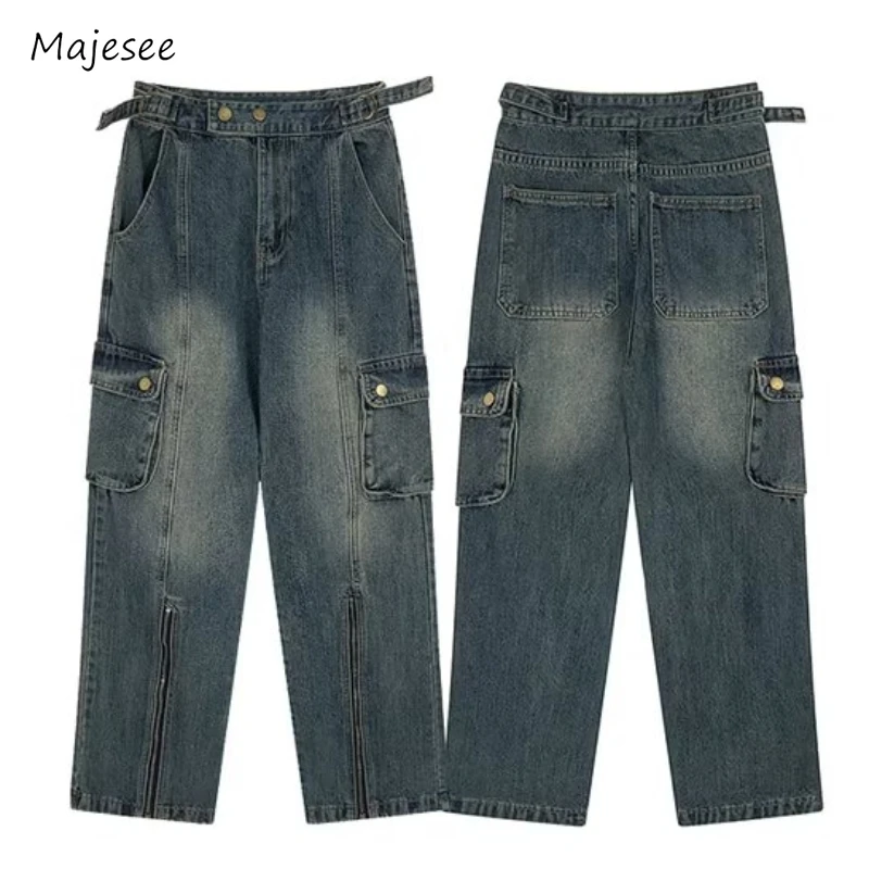 

Cargo Jeans Men Streetwear Trendy Retro Spring Autumn Daily Zipper Patch Pockets Handsome American Style Male Advanced All-match