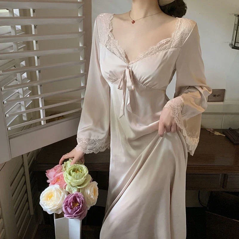 French Style Women's Nightdress Solid Silk Ladies Summer Long Sleeve Lace V Neck Knee Length Sleepwear Nightwear For Female