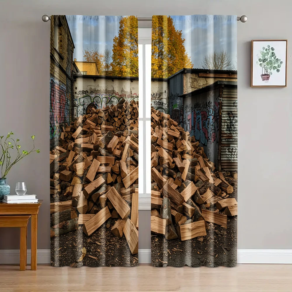 

2pc, Curtain The yard is full of firewood Fabric,Without Electricity Birthday Party for Classroom, Office