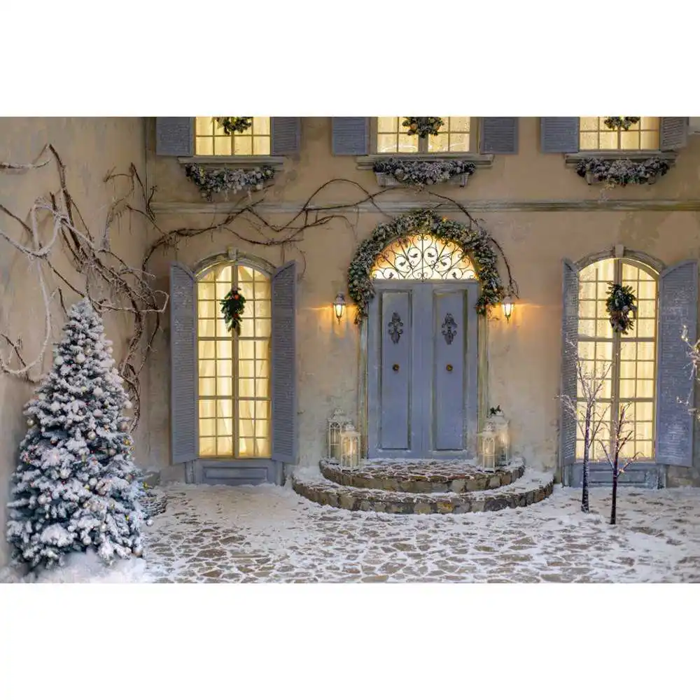 MOON.QG Christmas Porch Courtyard Photography Backdrop Ornament Tree Wreath Party Photocall Background Outdoor Photographic Wall