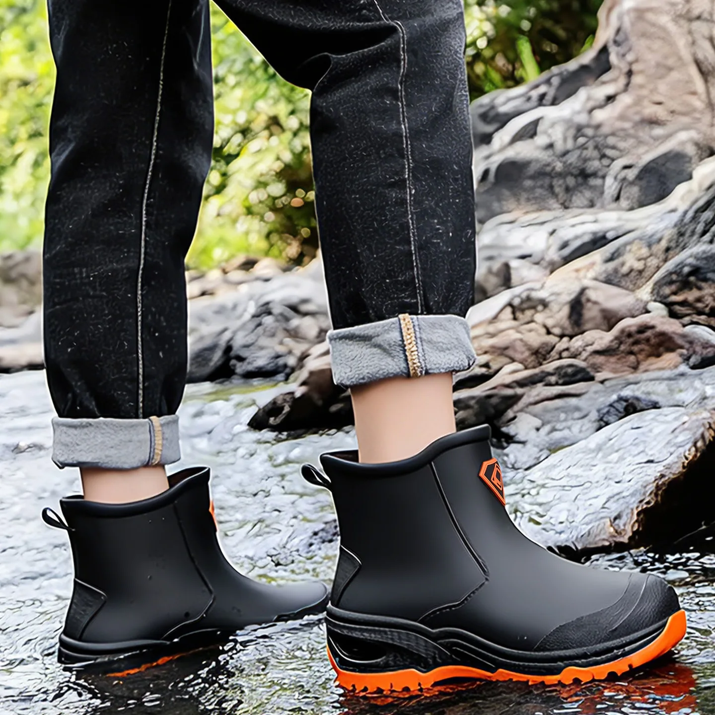 Wear resistant thick soled water boots, military green river tracing men's short boots, rain boots, waterproof men's water shoes view 3