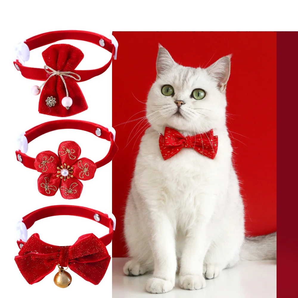 2023 Red Pets Cat Dog Collars Velvet Adjustable Red Bow Tie With Bell Pendant for New Year Birthday Party Cat Decoration