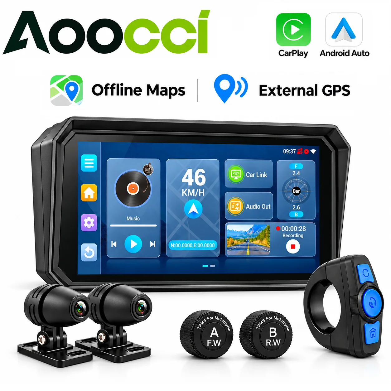 Aoocci U6/U7 Motorcycle CarPlay & Android Auto,moto GPS Navigation with External GPS,Quick Release Anti Theft Design,TPMS,IP67