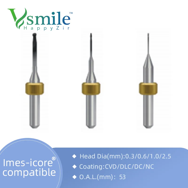 Dental Milling burs with Diamond Coating Imes Icore 750 for milling Zirconia Block Available Size 0.6mm, 1.0mm, 2.5mm