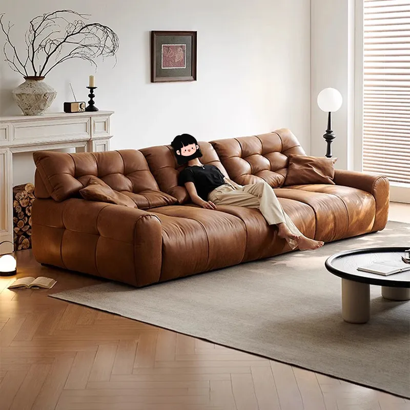 Vintage Caramel Big Bear Cloud Genuine Leather Straight Sofa Movable Backrest Segmented Grid Tufted Top Grain Cowhide Couch
