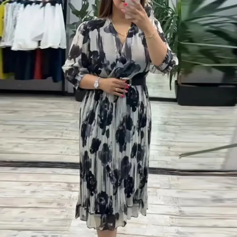 Elegancka sukienka do pracy z dekoltem w serek, długim rękawem, wzorem i drapowaniem, długa sukienka codzienna z wysokim stanem, rozkloszowana sukienka na imprezę.