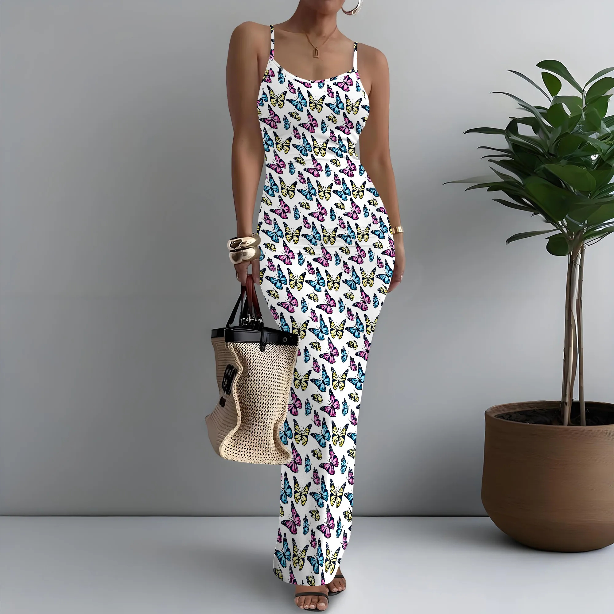 

Women's Spaghetti Strap Maxi Dress Minimalist Butterfly Print Sleek XS-3XL